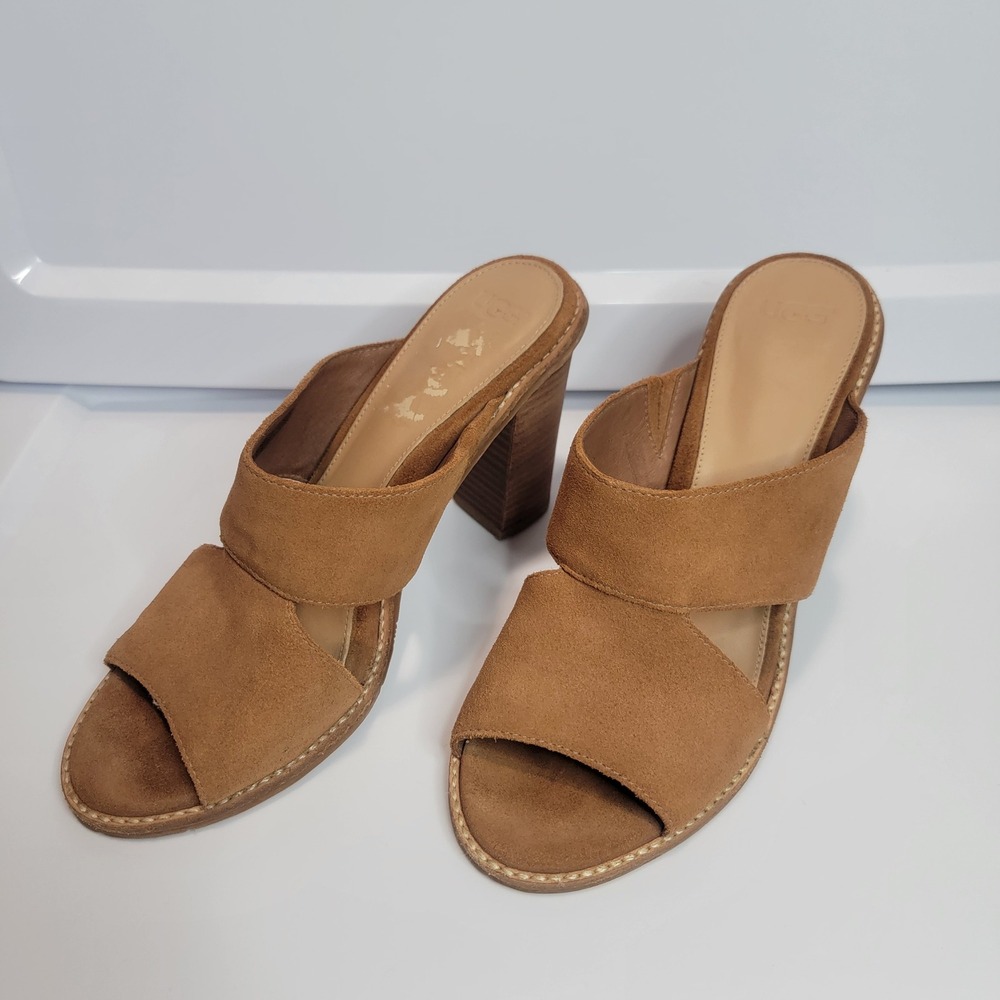 UGG Celia Genuine‎ Suede Chunky Block Heel Mule Sandals Chestnut Brown US 8.5